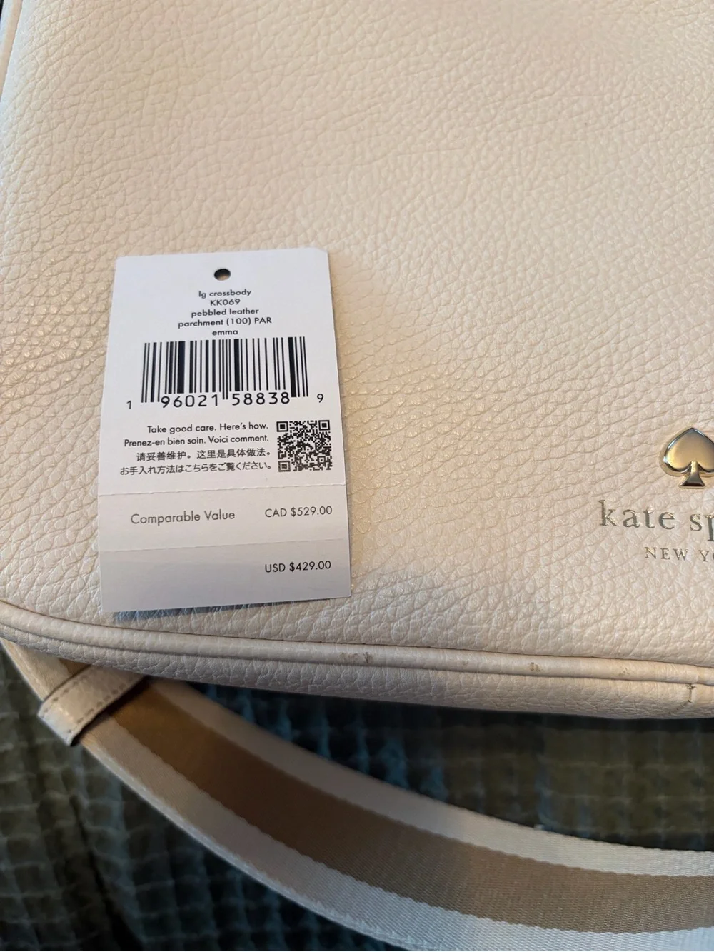 kate spade Cream Pebbled Leather Crossbody with Striped Strap and Coin Pouch